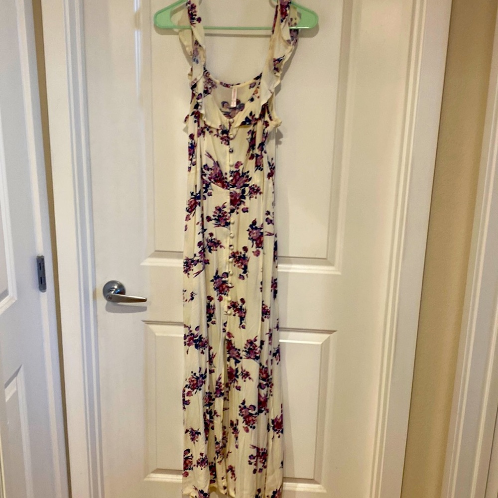 White floral dress with off the shoulder ruffle sleeves